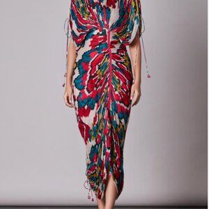Abstract Ruched Midi Dress in Red and Teal